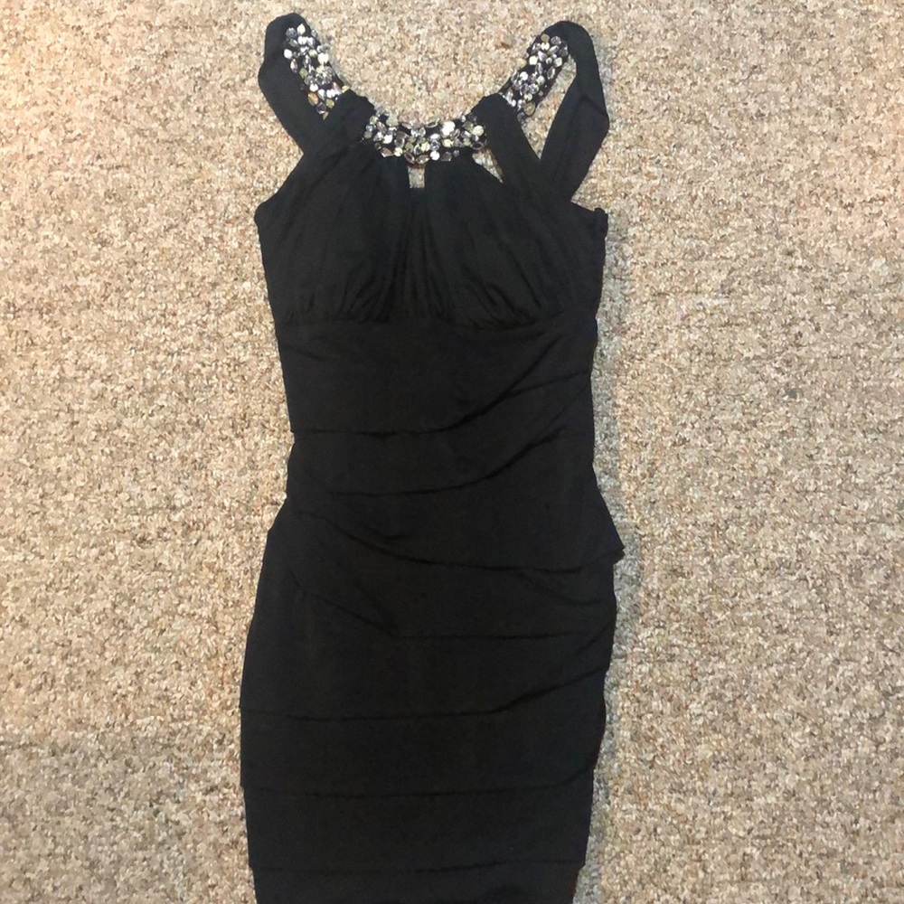 Black party dress with rhinestone collar